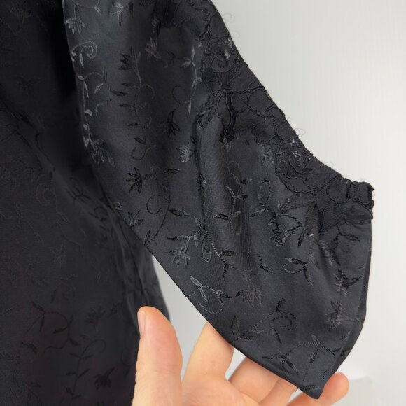 VOGUE Dessous VTG Jacquard Satin Button Front Long Sleeve Black Pajama Set Sz M - Picture 8 of 16